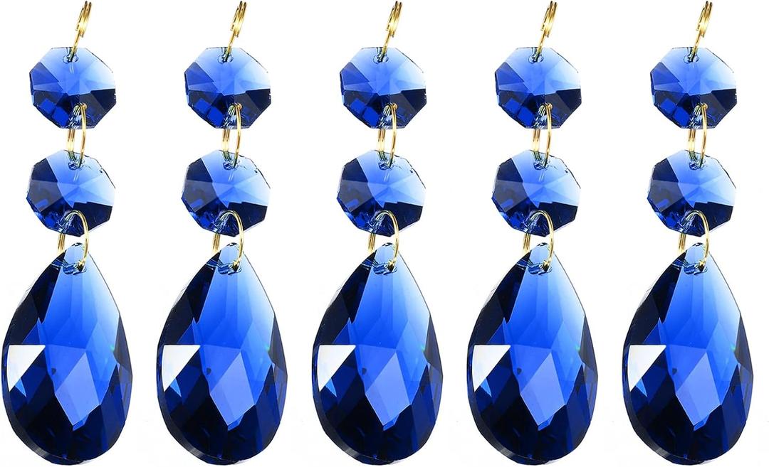 PATIKIL Clear Crystal Teardrop, 5 Pack 38mm Chandelier Prisms Parts Hanging Beads with 14mm Octagonal Bead for Chandeliers Decoration, Dark Blue
