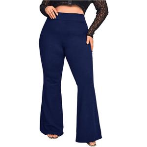 WDIRARA Women's Plus Size Elastic High Waist Flare Bell Bottom Ribbed Knit Long Pants (Blue, XXXL)