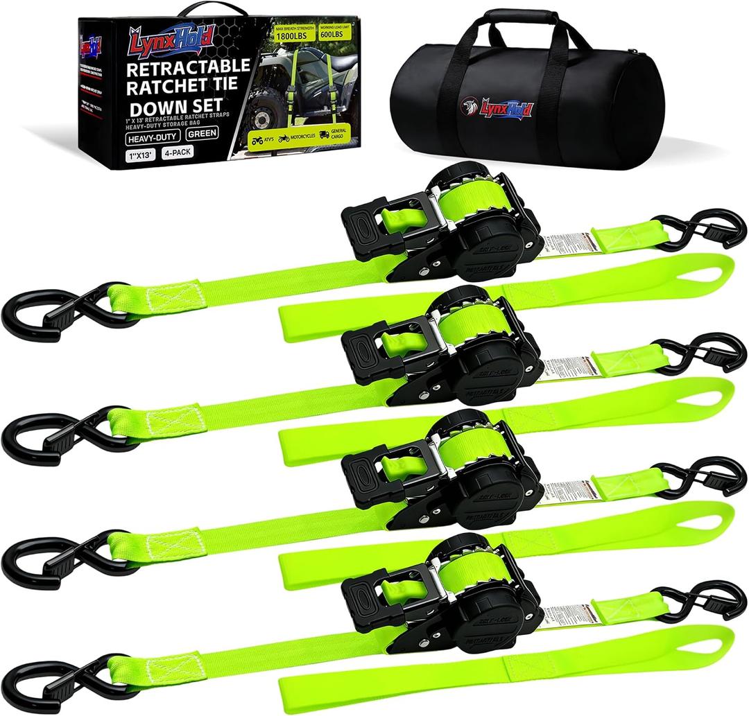 Retractable Ratchet Straps (4-Pack) - Heavy Duty Auto Slow Retraction Tie Down Straps - 1 Inch x 13 Feet (1,800lb Break Strength) for Truck, Cargo Trailer, Motorcycle, ATV, UTV - Fluorescent Green