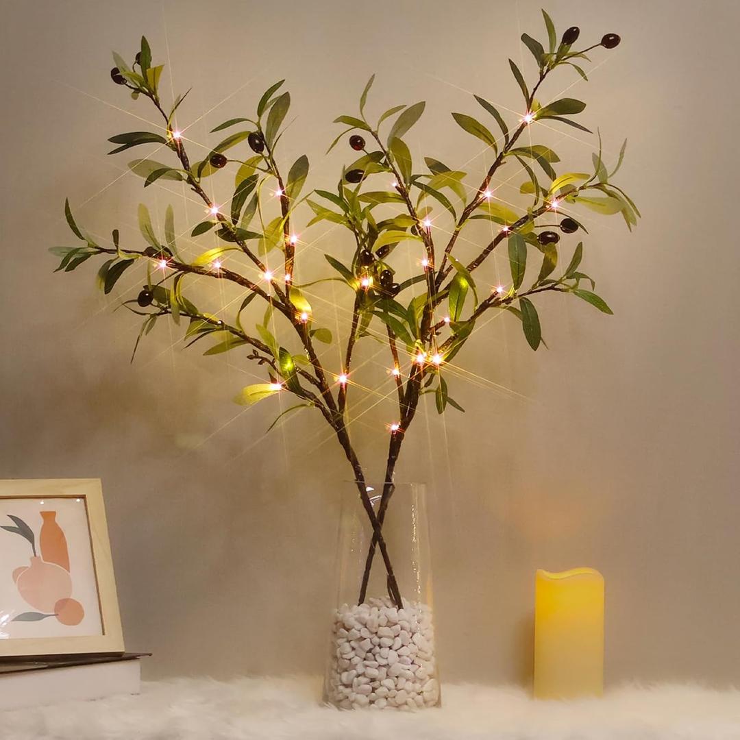 Lighted Olive Branches for Vases, 32 Inch Olive Branches with 32 LED Lights, Battery Powered Artificial Branch, Prelit Tree Branch for Home Wedding Indoor Outdoor Spring Decorations, Timer
