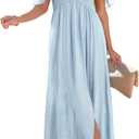 Happy Sailed Women's 2025 Summer Smocked Off The Shoulder Maxi Dresses Ruffle Short Sleeve A Line Side Slit Sundress (B Blue) S