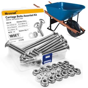 Wheelbarrow Carriage Bolts and Nuts Kit,Stainless Steel Carriage Bolts 5/16-18 5,3-1/2,2-3/4,2-1/4,3/4,Flange Hex Nuts,Nylon Retainer Clips,Wheelbarrow Handles Replacement Parts,18Sets