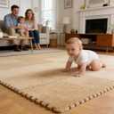 16pcs 0.6" Thickened Interlocking Tile Mats,Fluffy Shaggy Soft EVA Foam Area Rug for Living Room & Bedroom,Non-Slip Protective Floor Carpet Play Mat Kids Baby Dorm Home Decor (11.8ft, Khaki)