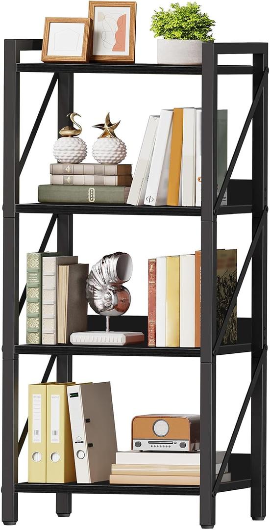 HOOBRO Bookshelf, 4-Tier Industrial Bookcase, Book Shelf Storage Organizer, Small Bookshelf with Metal Frame for Living Room, Bedroom, Home Office, Kitchen, Black BB40SJ01