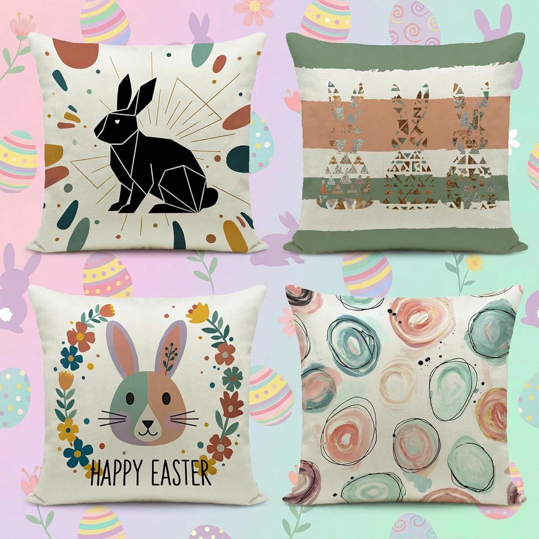 Easter Pillow Covers 18x18 Set of 4, Abstract Boho Throw Pillow Covers, 18x18 inch Happy Easter Bunny & Eggs Square Pillow Covers Throw Cushion Case Decoration for Sofa Bed Couch Outdoor (4PCS)