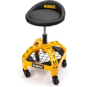 DEWALT Heavy Duty Adjustable Rolling Shop Stool, 360-degree Swivel Industrial Garage Stool with Padded Seat, Storage Shelf, Removable Wheels (Yellow and Black)