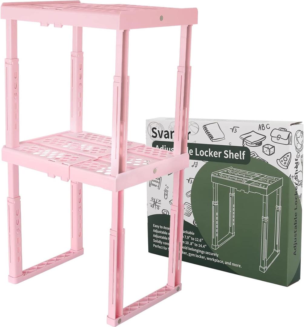 Locker Shelf Adjustable Height and Width, Pink Locker Organizer for Work, Locker Shelves for School Locker, Stack-able Locker Stand Tools for Gym Locker, Locker Accessories Stuff, Pack of 2 (Pink-2 Pack)