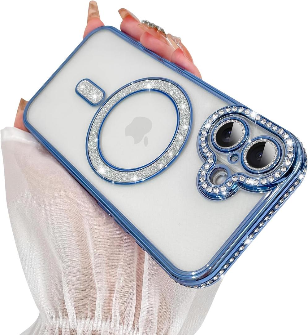 SAKUULO Magnetic Case for iPhone 17 6.3inch Clear Plating,Blue | Compatible with MagSafe,Glitter Sparkly Diamonds Rhinestone with Camera Protector Slim Shockproof Protective Women Girls