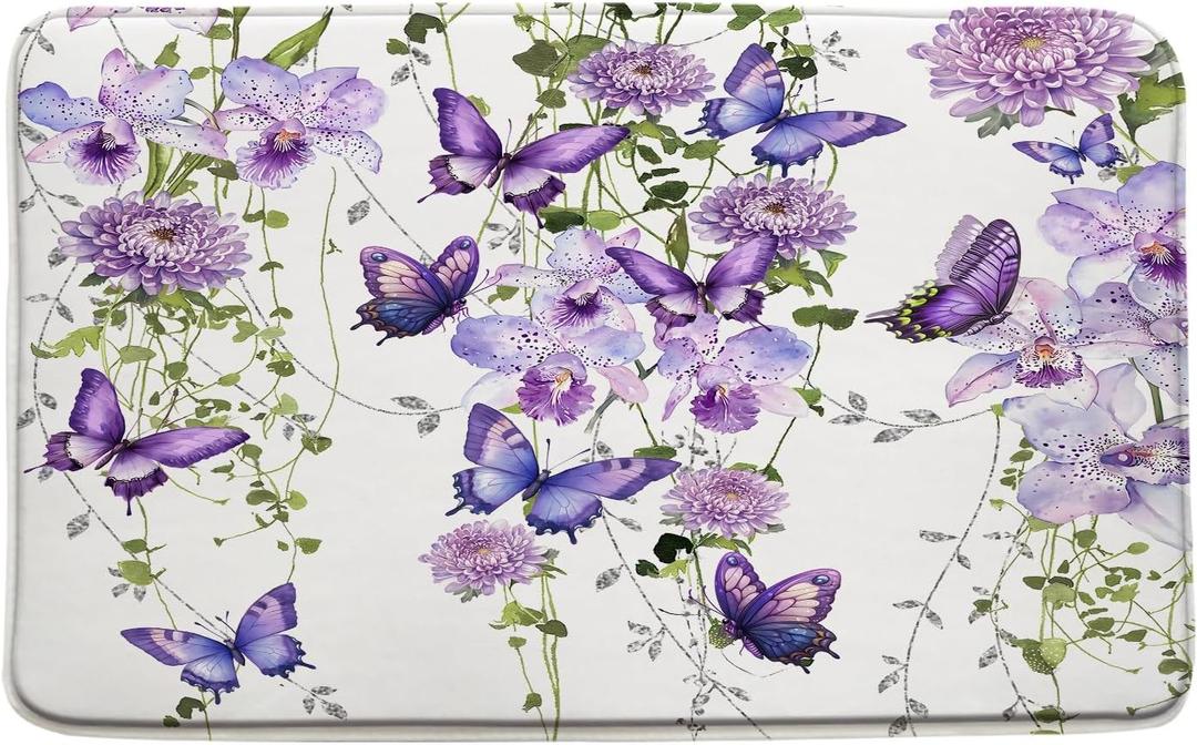 Flower Butterfly Bath Mat Purple Floral Watercolor Butterflies Bathroom Bedroom Kitchen Rug Soft Memory Foam Backing 18x30 Inch