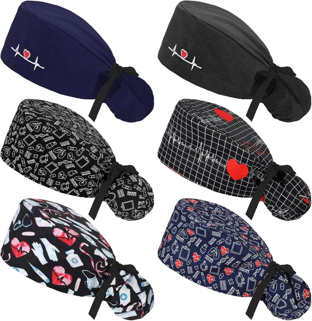 Honoson 6 Pcs Scrub Caps for Women with Buttons, Adjustable Bouffant Surgical Caps with Ponytail Holder, Cotton Nurse Hats (Heart Color)