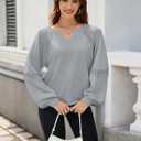 Womens Oversized Sweatshirts V Neck Lace Crochet Lantern Long Sleeve Pullover Cropped Tops Fall Outfits Clothes (Gray, L)