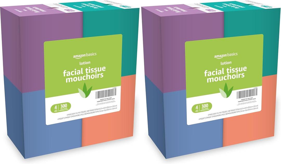 Facial Tissue, 2-Ply, 300 Count | With Lotion | 8 Packs