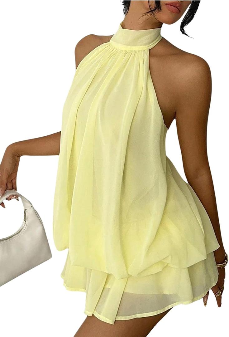 Verdusa Women's Chiffon Halter Drop Waist Wedding Guest Dresses Ruffle Summer Loose Fit Mini Dress Brunch Outfits (L)