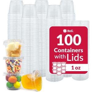 Reli. 1 oz Condiment Containers with Lids (100 sets) | Ideal for Sauce, Souffle, Samples, Jello Shot Cups | Disposable, BPA-Free Plastic | Small Containers 1oz, Bulk