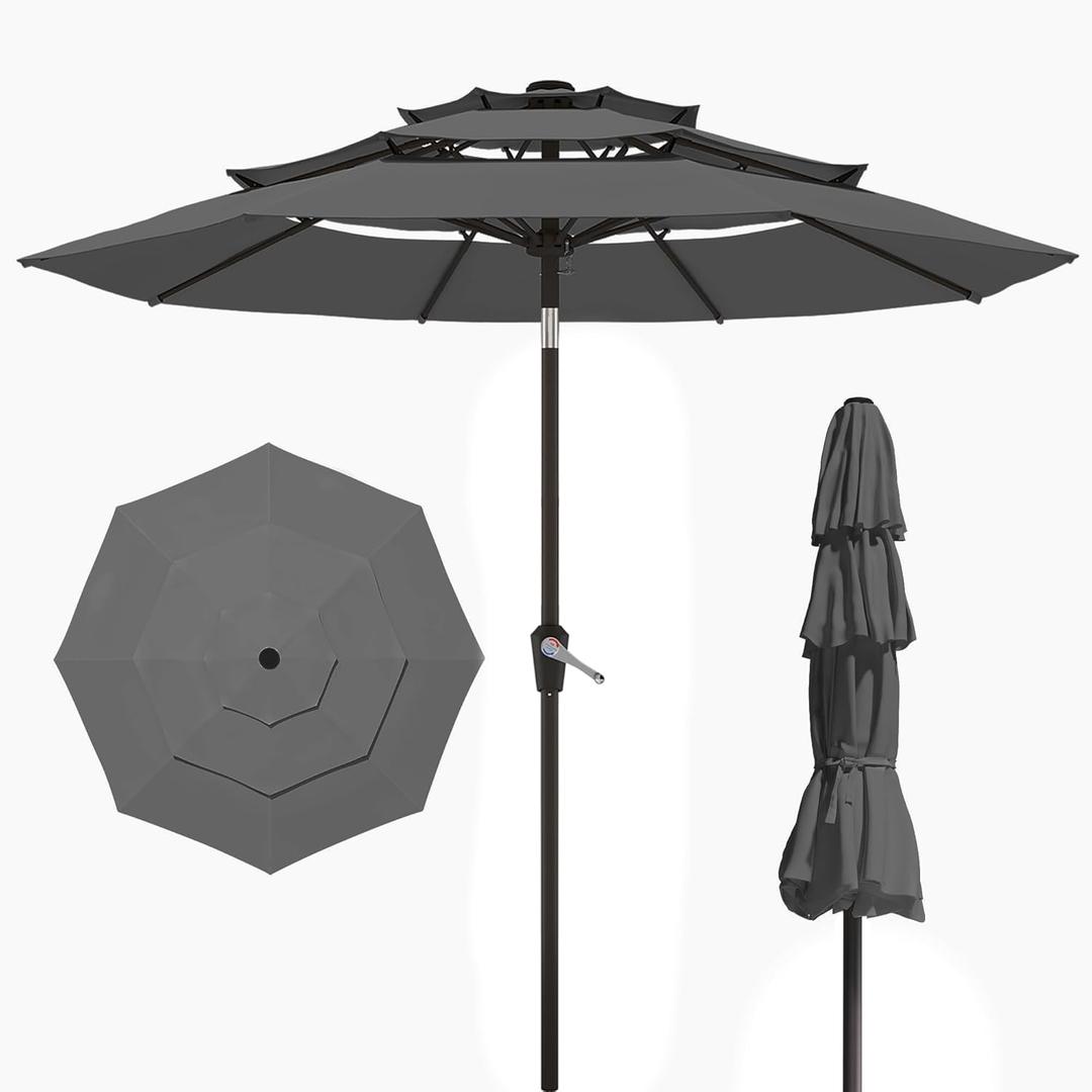 1 x 10FT Patio Umbrella 3 Tiers Outdoor Market Umbrella w/Push Button Tilt, Crank, UV and Waterproof Table Umbrella for Garden, Pool, Backyard, Deck, Lawn, Grey