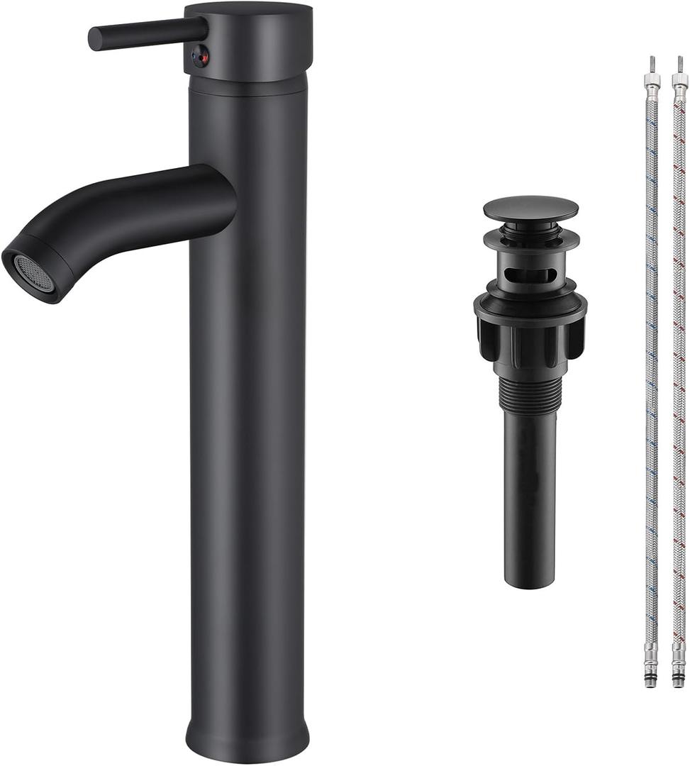 Matte Black Bathroom Faucet Single Handle Bathroom Sink Faucet with Pop-Up Drain Vessel Sink Faucet Tall Modern for Bathroom Washbasin Faucet Countertop Installation