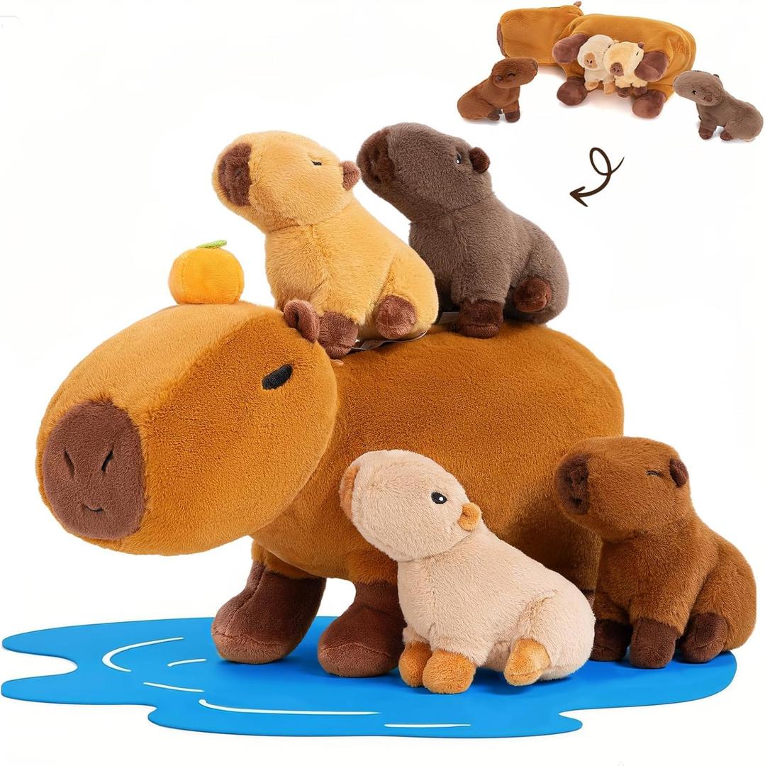 OUOZZZ Capybara Plush with Babies Inside 14.5" Capybara Stuffed Animals Toys with 4 Babies with Tangerine in Hot Spring - Gift Present Toys for Girls Boys Kids Toddler