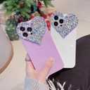 Glitter Case for iPhone 15 6.1, Cute Sparkle Shiny Bling Phone TPU Bumper Cover with Girly Bling Diamond Rhinestone, 3D Aesthetic Heart Gems Case for Women Girls (Purple)