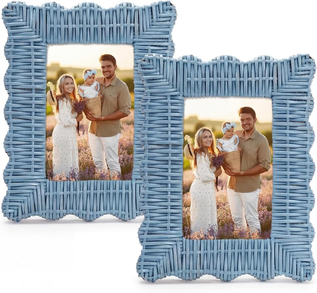 Novabright Set of 2 Handmade Blue Rattan Picture Frames 4'' x 6'' Wavy Edge Boho Photo Frame for Nautical Beach Themed Home Room Office Desk Display Coastal Decoration