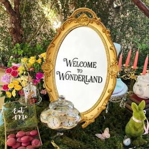 Threehoney Wonderland Tea Party Decoration Vintage Oval Mirror 15.4 x 9.4 Inch Golden Mirror for Tea Party Decoration Birthday Baby Shower Women Wedding Dinner Supplies(Welcome to Wonderland)