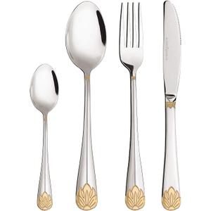 Silverware Set Limited Edition  24 Piece Dinnerware Set  Flatware Set for 6  Silver Tableware Set w/Gold Accents  Great for Family Gatherings & Daily Use  Spoons, Knives, Teaspoons, Forks