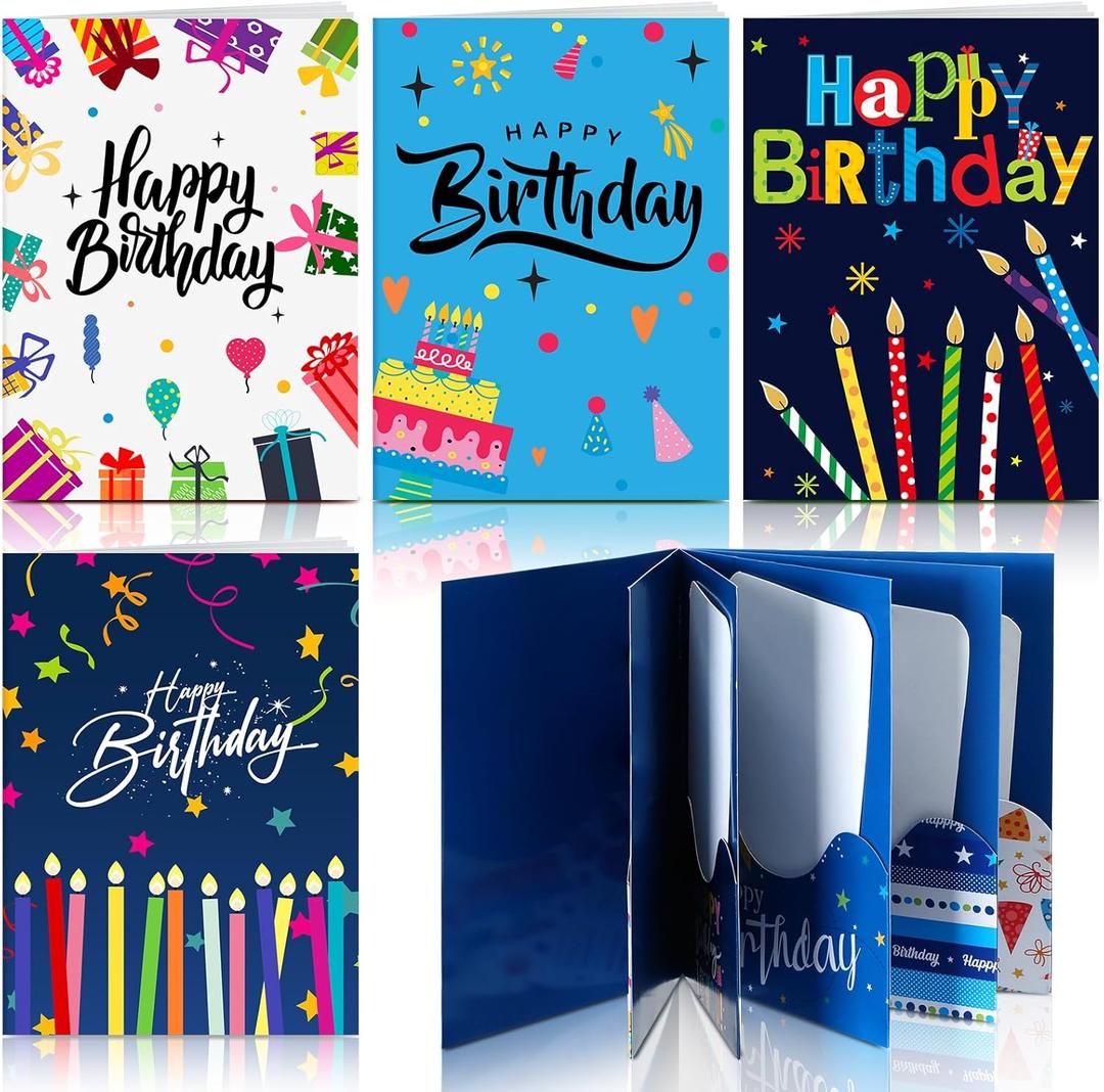 AmazingSpark 4 Set Birthday Gift Card Booklet Cardboard Mini Birthday Money Holder Book for Cash Multiple Money Gift Booklet Party Favor Surprise Card Sleeve Book for Teacher Employee Appreciation