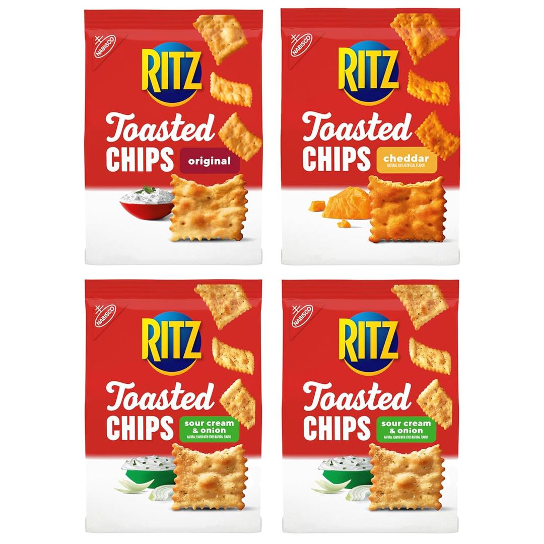 RITZ Toasted Chips Variety Pack, Cheddar, Sour Cream and Onion, and Original Crackers, Party Snacks, Bulk Snacks, 4 Bags (EXP 06/06/26)