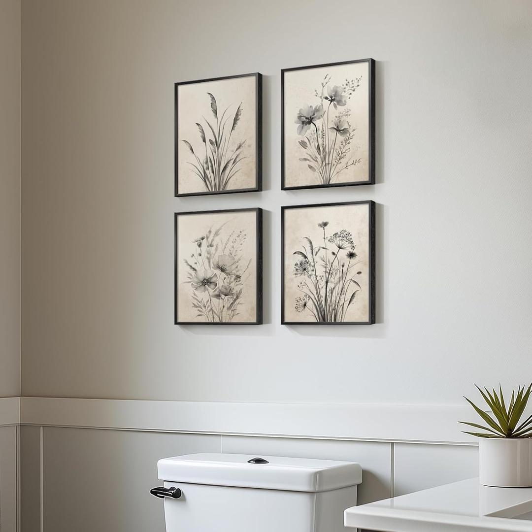 Framed Vintage Botanical Wall Art, 4 Piece Boho Rustic Floral Canvas Painting Prints for Modern Farmhouse, Black and White Neutral Flower Pictures for Bathroom Bedroom Hallway Kitchen Home Decor, 8" W x 10" H x 4Pcs, Misty - Black Framed