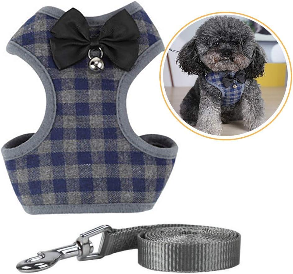 Dog Harness and Leash Set, Soft Mesh No Pull Dog Cat Harness Vest with Bowtie Bell for Small Dogs Puppy and Cats Outdoor Training and Running Classic Plaid Pattern (Small(9.0"-16.5"), Blue Plaid)