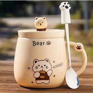 Bear/Beige 400ML Ceramic Coffee Mug with Lid and Claw Spoon, Cute Bear-Themed Mug for Tea & Coffee for Holidays and Celebrations