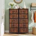 Nightstand, 5 Drawer Dresser End Table Bedside Furniture with Wooden Top Steel Frame Fabric Bins for Bedroom, Closet, Entryway, Dorm, Living Room, Brown