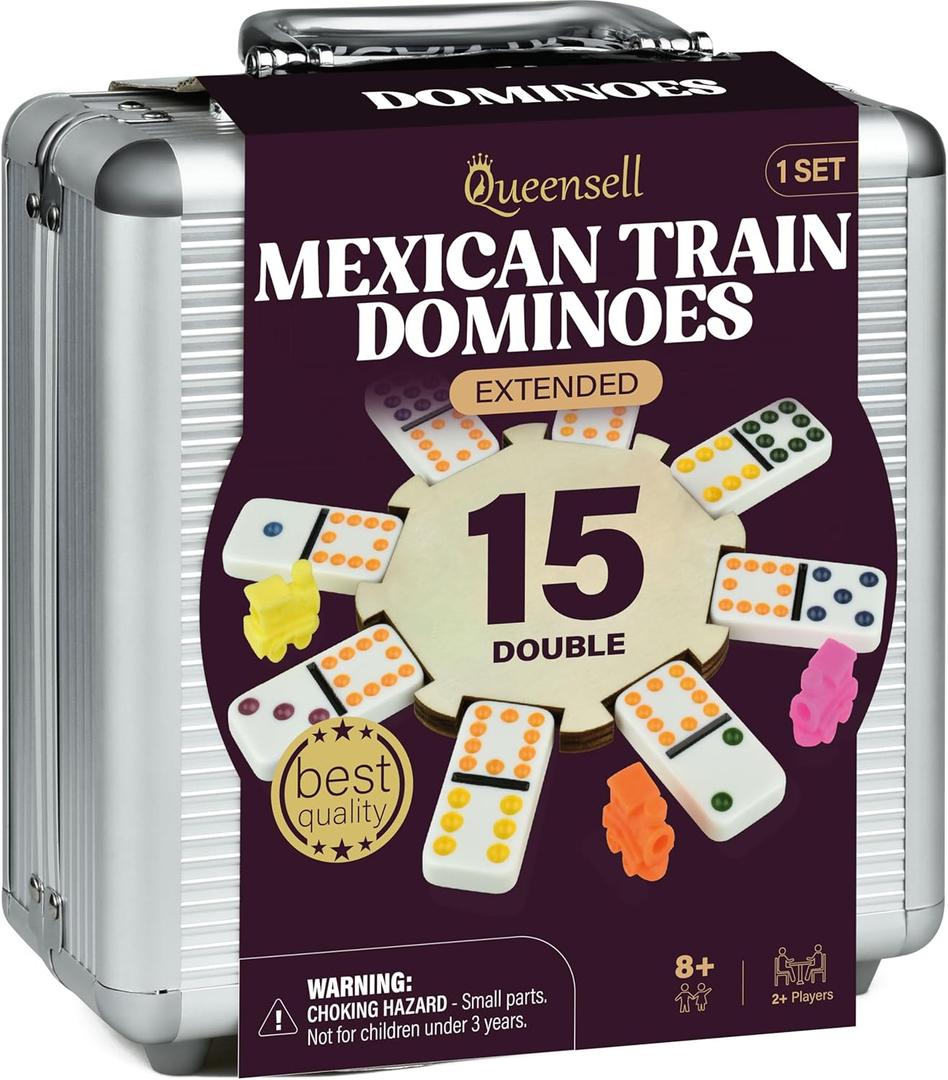 Queensell Mexican Train Dominoes Set Double 15 for Adults and Family, Mexican Train Double 15 Dominoes Set Colored Dot - 136 Tiles, 9 Trains, Wooden Hub, Aluminum Case (Double 15)