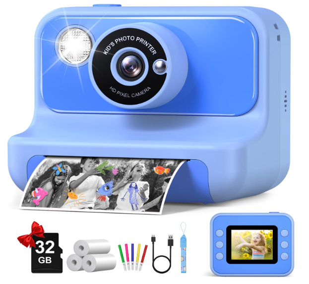 Kids Camera Instant Print, Christmas Birthday Gifts for Girls and Boys, 1080P HD Video Digital Kids Camera with 32G Card, Toddler Camera for 3-12 Years Old, Blue