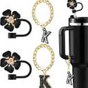 Straw Covers for Stanley Cup Accessories: Black Decorations for Stanley 30 oz & 40 oz Tumbler with Handle, Bling Letter Charms and Flower Silicone Straw Cap Topper, Trendy Stuff for Teen Girls & Women