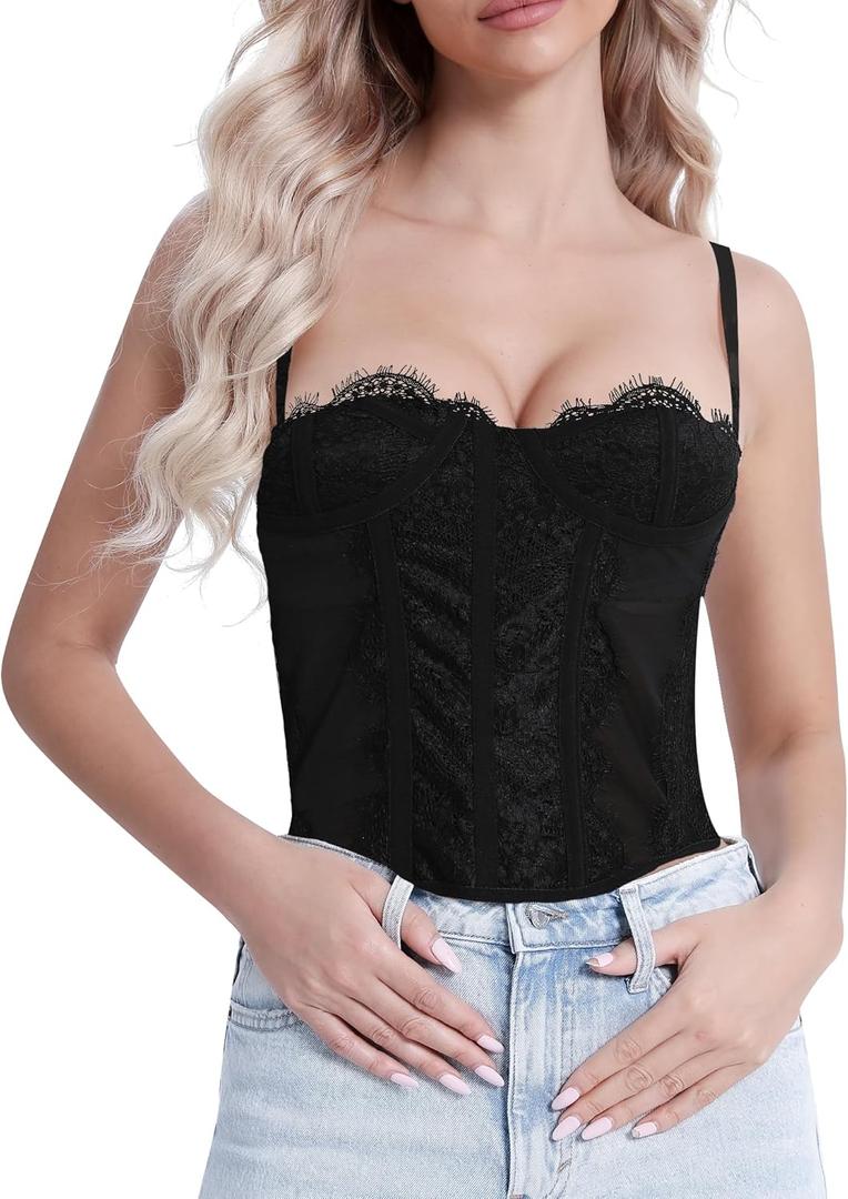 Y2K Trendy Lace Bustier Corset Tops for Women: Backless Top with Glossy Straps - Soft, Breathable -Amore Collection (Black)