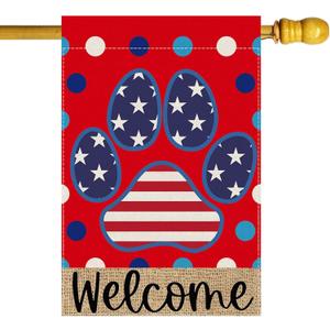 Welcome Dog Paw Dots Stripes Stars America 4th of July Memorial Day Independence Day House Flag 28X40 Inch Vertical Double Sided for Outside Yard Outdoor Farmhouse Holiday Decoration
