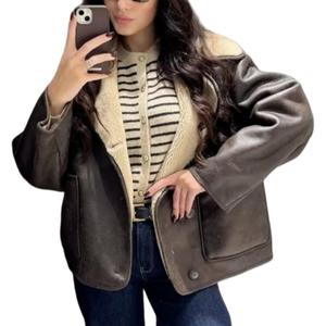 Perbai Women's Lapel Fleece Lined Single Breasted Faux Suede Jacket Oversized Leather Trucker Coat(Brown-S)