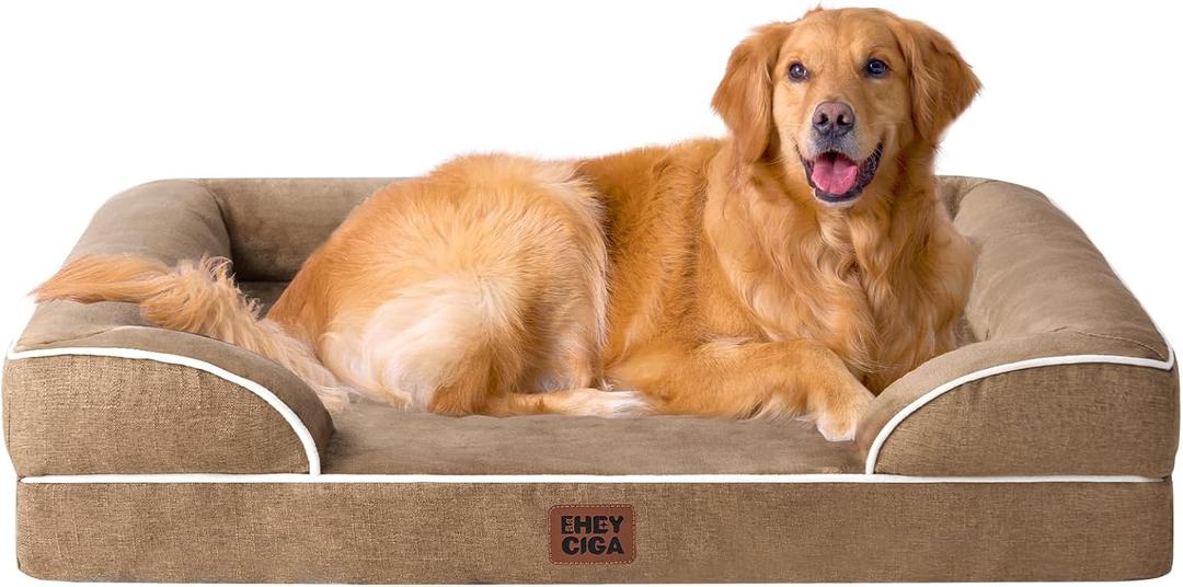EHEYCIGA Orthopedic Dog Beds for Extra Large Dogs, Waterproof Memory Foam XL Dog Bed with Sides, Non-Slip Bottom and Egg-Crate Foam Big Pet Couch Bed with Washable Removable Cover, Camel (44.0"L x 32.0"W x 6.5"Th)