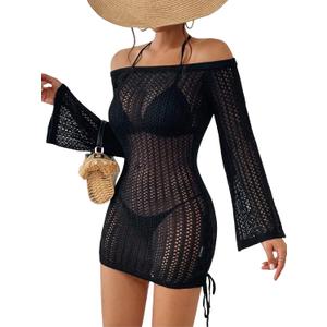 SISKIN Women's Bathing Suit Beach Cover Up Crochet Knit Tops Mesh Hollow Out Dress Drawstring Without Sexy Bikini (Black)