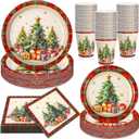 Domensi 200 Pcs Vintage Christmas Party Supplies Tableware Set for 50 Guests, 7 & 9 Inch Xmas Paper Plates and Napkins 9 oz Disposable Cups for Holiday Party Decoration(Christmas Tree)