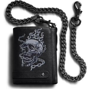 Men's Wallet With Chain Skull Trifold Wallets For Men,Soft Leather Wallet Chains Rfid Blocking Cool Mens Gift Idea (Black)