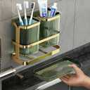 Toothbrush Holders for Bathrooms, Toothbrush Holder Wall Mounted, Kitchen Utensil Holder, 2 Cups Dry & Wet Separation, Kitchen Bathroom Tooth Brush Holder Organizers and Storage (Green Gold)