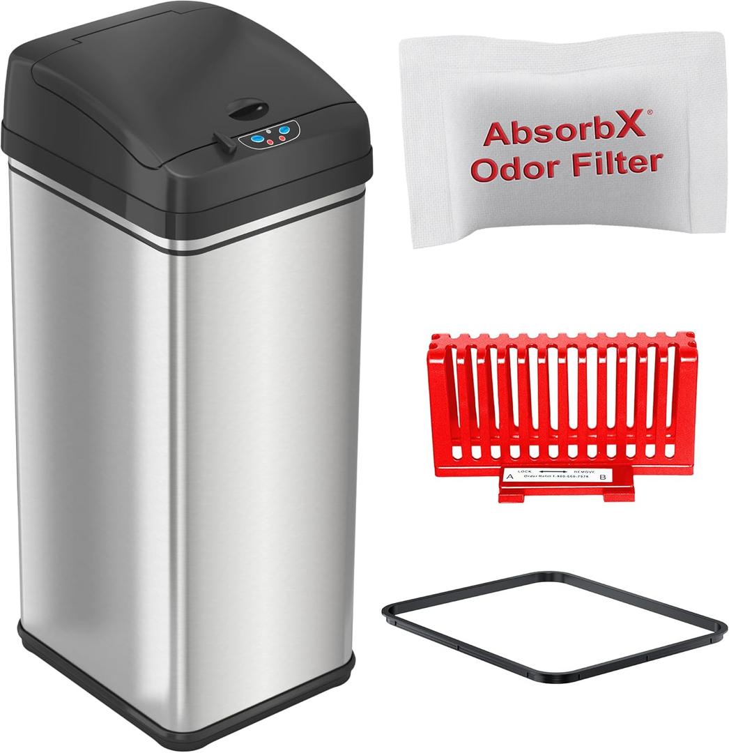 iTouchless 13 Gallon Sensor Trash Can 2.0  Stainless Steel Automatic Garbage Bin with Soft-Close Lid, AbsorbX Odor Filter, Battery or AC Power  Touchless Kitchen, Home, Office, or Bathroom Use