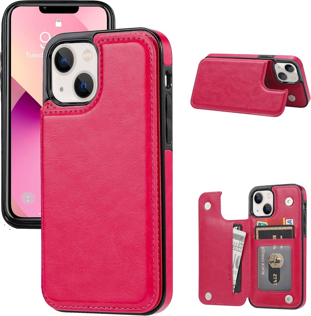 Wallet Case Compatible with iPhone 13,Slim Protective case with Card Holder,Premium PU Leather Kickstand Card Slots Case with a Screen Protective Glass for iPhone 13(6.1")-Rose Red
