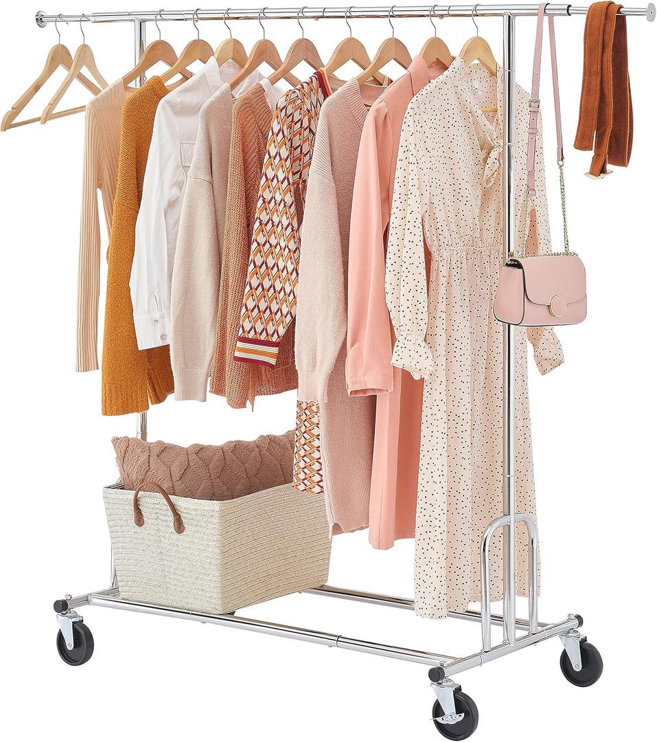 Tajsoon Heavy Duty Clothes Rack Foldable Garment Rack with Wheels and Extendable Rod, Freestanding Clothing Rack for Hanging Clothes, Adjustable  Collapsible Rolling Racks with Bottom Shelf, Chrome