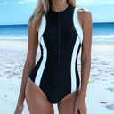 NESY One Piece Swimsuits Women Athletic Sleeveless Rash Guard Zip Front UPF 50+ Built in Bra Woman Sporty Surf Bathing Suit (Black, Medium)