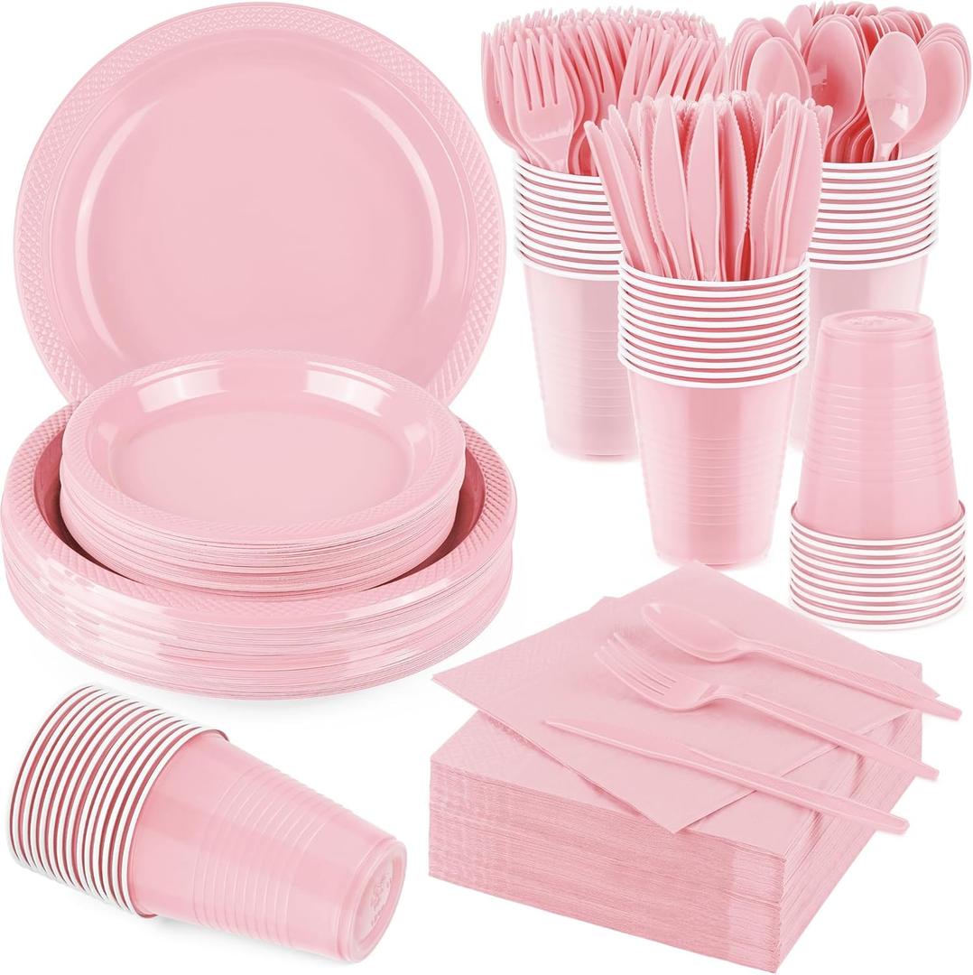 Aodaer 400 Pieces Pink Party Supplies Disposable Dinnerware Set Include Plastic Plates Cups Knives Forks Spoons Paper Napkins for Birthday Wedding Graduation Parties, Serve 50 Guests