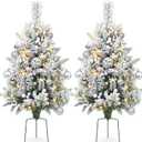Set of 2 30 Inch Prelit Outdoor Christmas Trees, Artificial Battery Operated Snow Flocked Xmas Tree with Stake, Silver Berries, Pine Cones, Ball Ornaments, 8 Lighting Modes & Timer Included