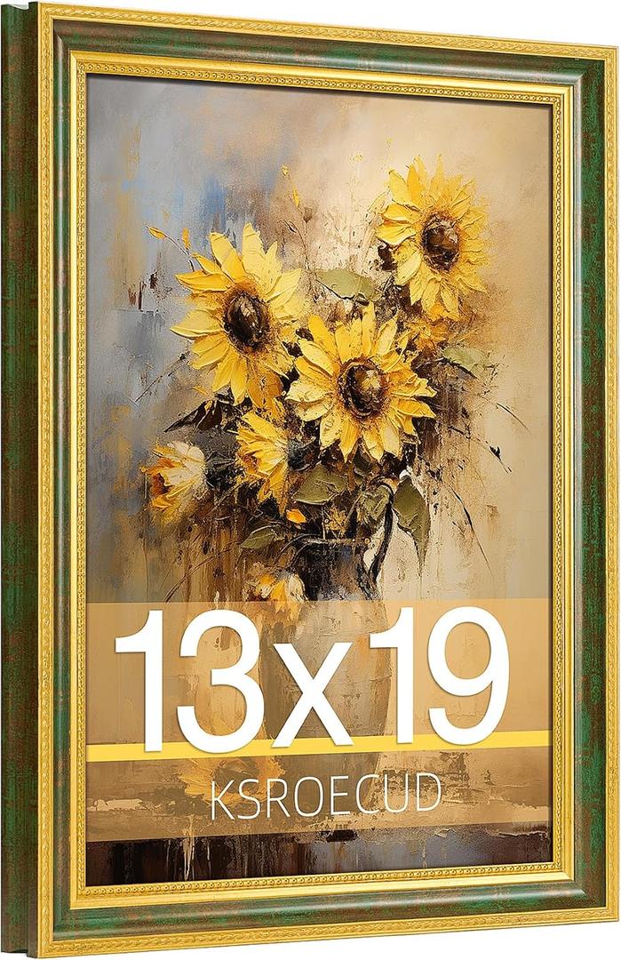 13x19 Picture Frame, HD Real Glass Vintage 13x19 Photo Frame, 13 by 19 Poster Frame with Gold Vintage Green Texture Border Horizontal & Vertical Display for Tabletop or Wall Decor (1 Pack)
