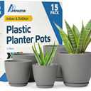3 x Gray Plant Pots with Drainage Holes & Saucers 15 Pack, Indoor & Outdoor Stackable Space-Saving Planters for Houseplants & Flowers, (7", 6.7", 6", 5.3", and 4.8" Inches), Durable & Weatherproof
